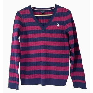 VTG Y2K Polo Sweater Large Cable Knit V-neck Striped Cotton Fisherman Preppy 90s